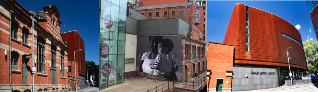 From left to right: People's History Museum, Axel Void, Peterloo. mural, 2018 and People's History Museum entrance
