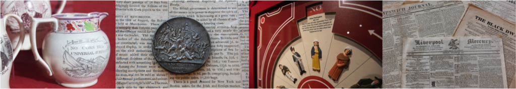 From left to right: Peterloo 1819 commemorative jug, Peterloo commemorative medal, Peterloo museum interactive in Main Gallery One and Peterloo Massacre newspaper coverage @ People's History Museum