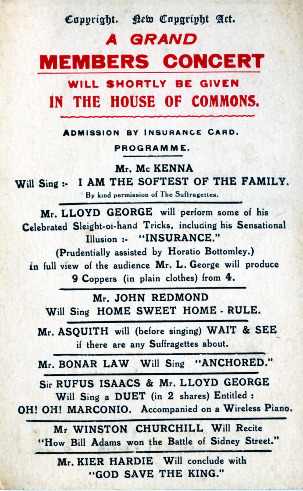 House of Commons, a Grand Members Concert, humorous postcard (image/jpeg)