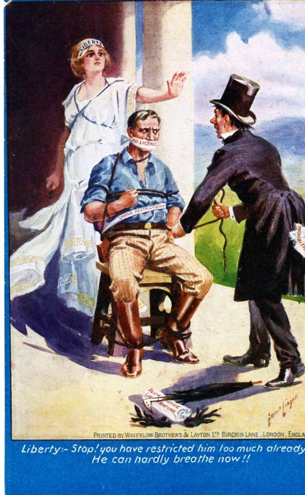 Liberty:Stop! you have restricted him too much already! postcard (image/jpeg)