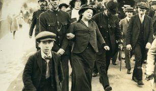 Image of 8 November 2018, How To Be WomanLeigh @ People's History Museum. Suffragette being led away from Buckingham Palace, around 1914