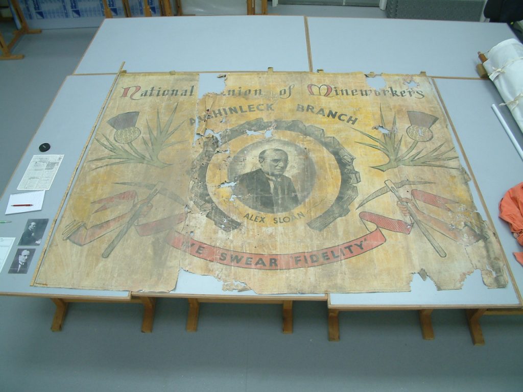 National Union of Mineworkers (NUM) Achinleck branch banner face side before conservation