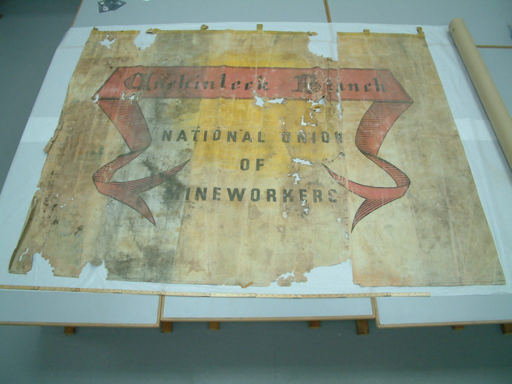 National Union of Mineworkers (NUM) Achinleck branch banner reverse side before conservation