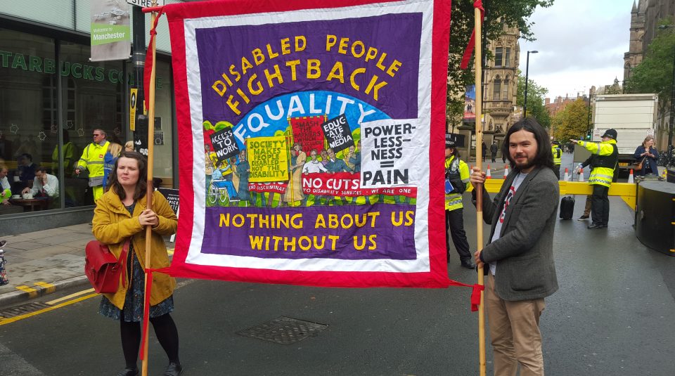 5 April - 5 May 2019, Nothing About Us Without Us exhibition @ People's History Museum. Disabled People Fight Back banner by Ed Hall, Manchester, 2015 © GMCDP