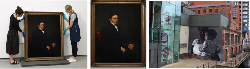 Left to right: People’s History Museum Conservators with Hugh Hornby Birley portrait, Hugh Hornby Birley portrait, oil paint on canvas, date unknown, and Axel Void, Peterloo. mural, 2018 © People's History Museum