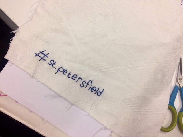 Patch of embroidered fabric illustrating the Peterloo Massacre, The Fabric of Protest workshop, February 2019