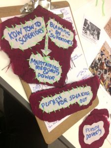 Patches of fabric illustrating thoughts of the Peterloo Massacre, The Fabric of Protest workshop, February 2019 @ People's History Museum