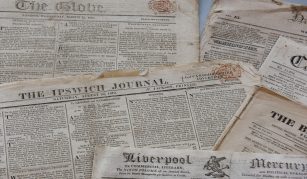 Image of selection of newspapers including Peterloo Massacre coverage, from the Labour History Archive & Study Centre at People's History Museum.