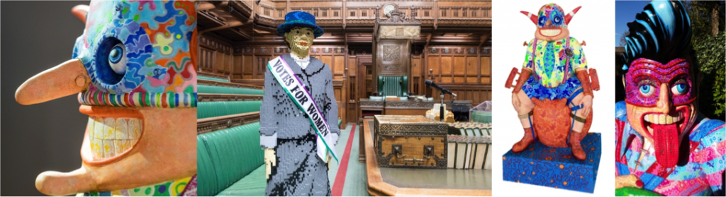 From left to right Brave Boy Billy by Jason Wilsher Mills , Hope LEGO suffragette on loan from House of Commons, Brave Boy Billy and The Corby Rocker by Jason Wilsher Mills