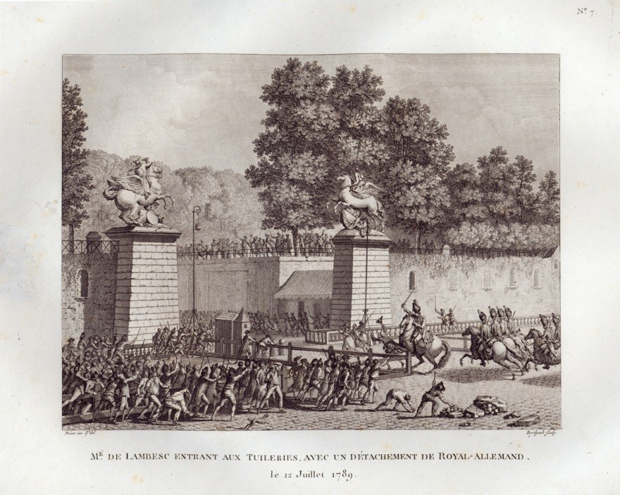 M. de Lambesc entering into the Tuileries, with a squadron of the Royal Allemand, 12 July 1789, engraving by Pierre Gabriel Berthault, after Jean Louis Prieur, 1789; Musée de la Révolution