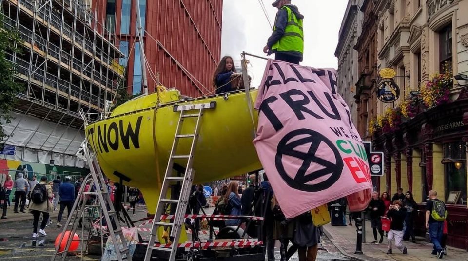 Lillia aboard the XR protest boat, Extinction Rebellion’s northern rebellion, Deansgate, Manchester city centre © @lilliasworld