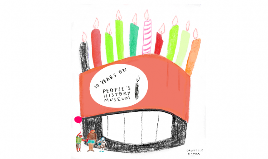 Image of 13 February 2020, People's History Museum's 10th Birthday Party! Illustration by Danielle Rhoda
