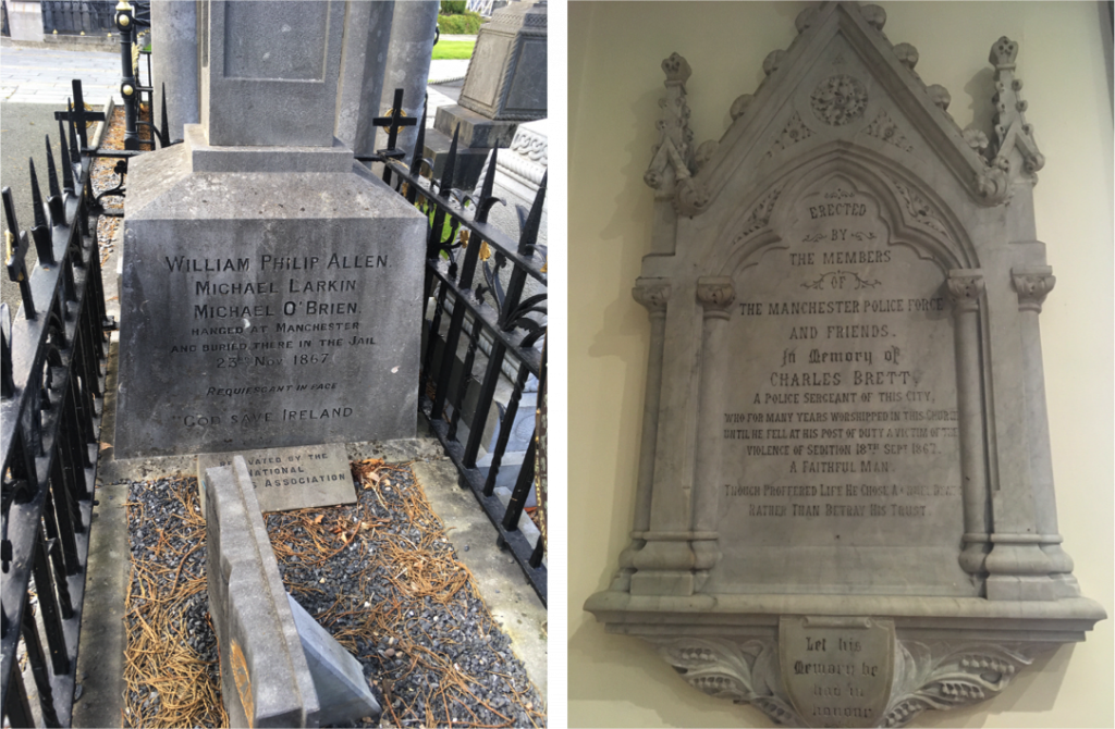Left to right Memorial to the executed Fenians in Glasnevin Cemetery in Dublin and memorial to Police Sergeant Charles Brett, St Ann’s Church, Manchester © Peter Morgan