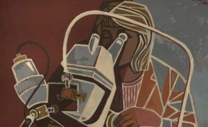 Woman Looking Through a Microscope painting by Cliff Rowe, 1966 © People's History Museum