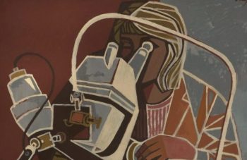 Image of Woman Looking Through a Microscope painting by Cliff Rowe, 1966. Image courtesy of People's History Museum.