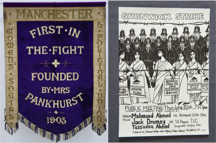Image of Manchester suffragette banner, 1908 at People's History Museum and Grunwick strike poster, 1977 © Dan Jones