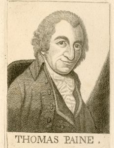 Black and white illustration of a white male, Thomas Paine. Image courtesy of People's History Museum.