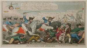 Manchester Heroes print by George Cruikshank, September 1819, on display in the Revolution section of Main Gallery One at People's History Museum.