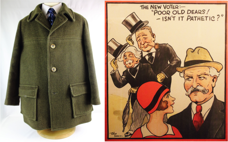 Left to right Michael Foot's coat, 1981 and The New Voter poster, by Em Shaw, 1929 © People's History Museum