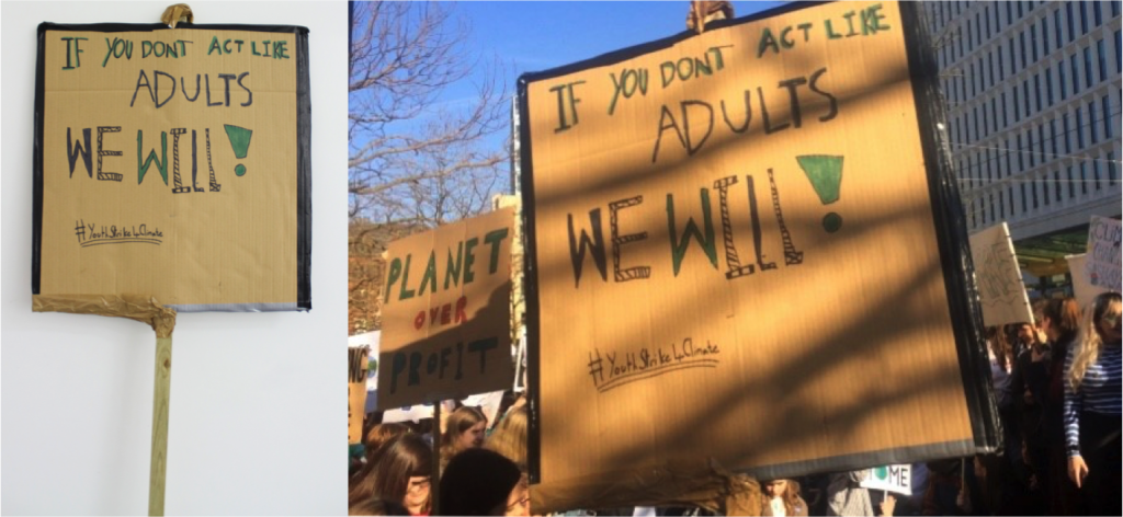 Left to right 'There Is No Planet B' placard (reverse) and placard at schools strike for climate, Manchester, 15 February 2019 © People's History Museum