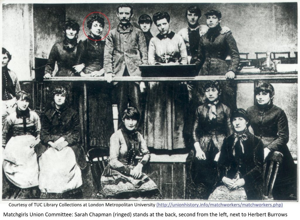 Match Girls' Union Committee, Sarah Chapman (ringed) stands at the back, second from the left. Courtesy of TUC Library Collections at London Metropolitan University