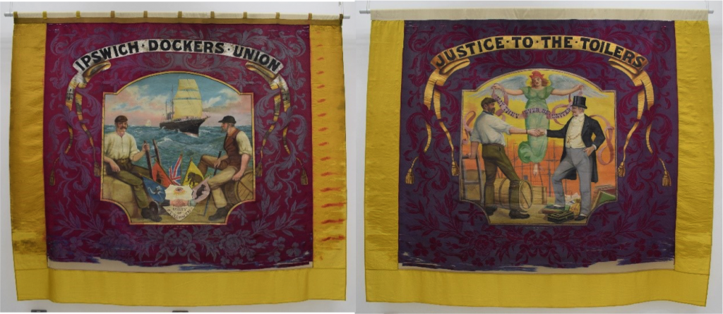 Left and right: Ipswich Dockers Union banner, 1890s © People’s History Museum