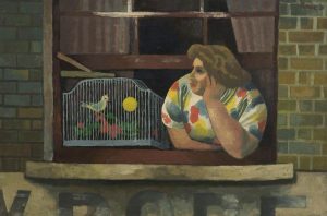 Woman with Birdcage in Window painting by Cliff Rowe, 1931 © People's History Museum