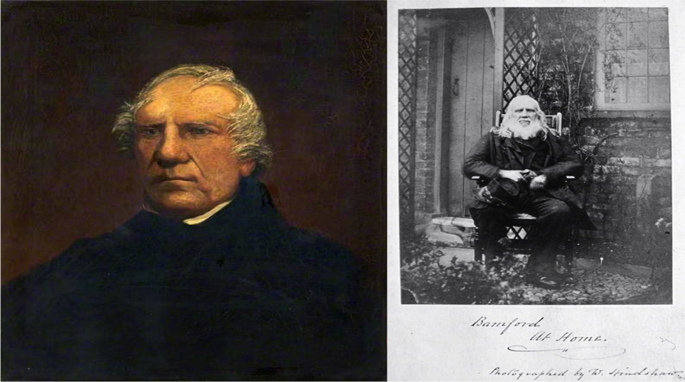 Left to right: Samuel Bamford painting, date unknown, courtesy of Rochdale Arts & Heritage and Bamford at Home in Moston, 1869, photographed by William Hindshaw, courtesy of Manchester Central Library