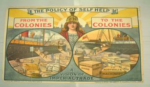 Image of 28 August 2020, Migration, Race & Empire LGBT+ histories tour @ People's History Museum. Conservative Party Poster 'The Policy Of Self Help From The Colonies...' 1910 resized