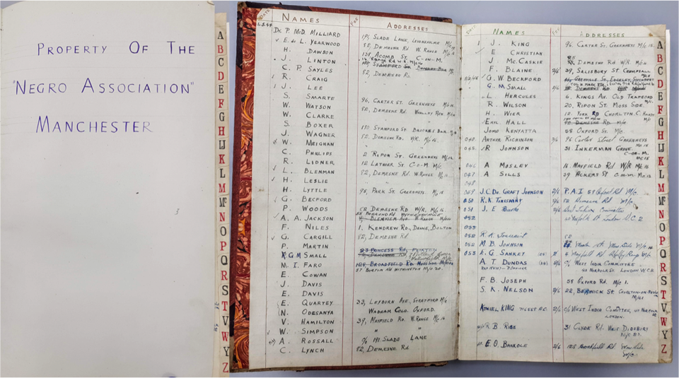 Image of Left and right: The Negro Association, Manchester subscriptions book, 1944, title page and pages one and two © People’s History Museum