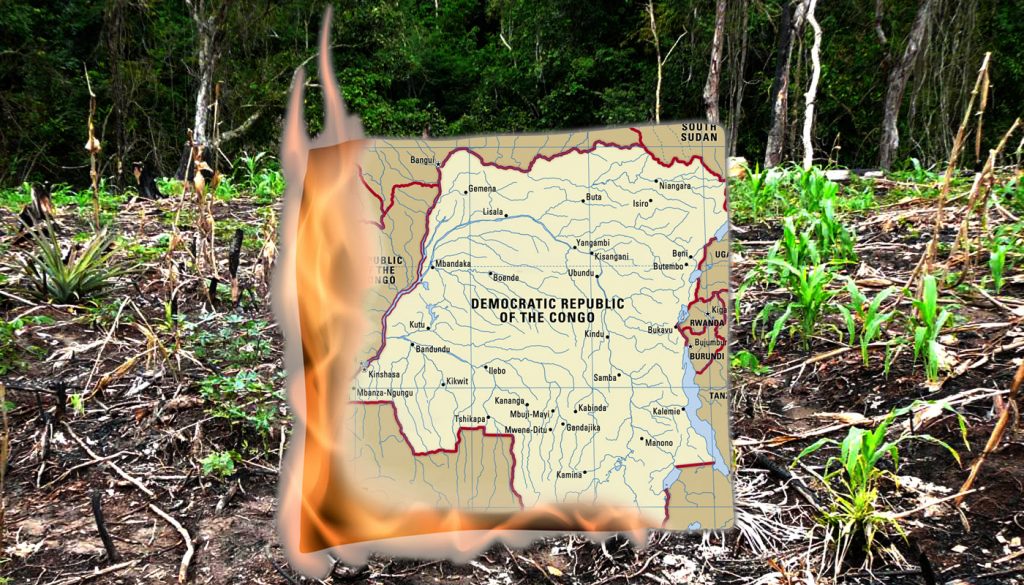 12 November 2020, Climate Change, Migration and DR Congo, Radical Late online with People's History Museum. Image of DR Congo map burning in woodland © Kooj Chuhan