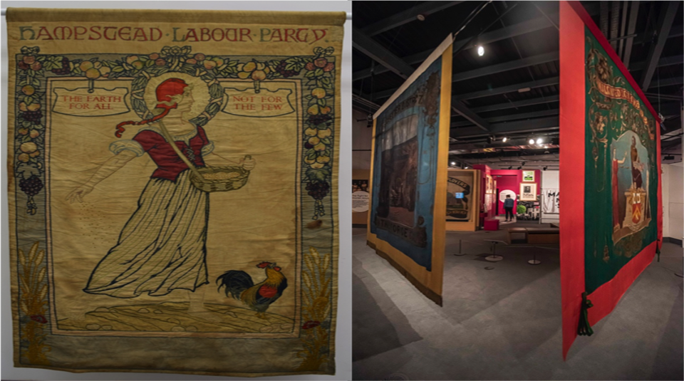 Image of Left to right Hampstead Labour Party banner, around 1920 and 2020 2021 Banner Exhibition at People's History Museum