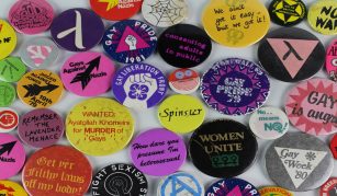 12 February 2022, OUTing the Past Festival talks with People's History Museum. LGBT+ badge collection © People's History Museum