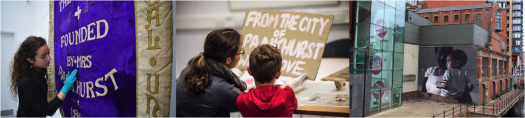 Left to right: PHM Conservator Kloe Rumsey with Manchester suffragette banner from 1908, object handling, and Peterloo. mural by Axel Void at People's History Museum