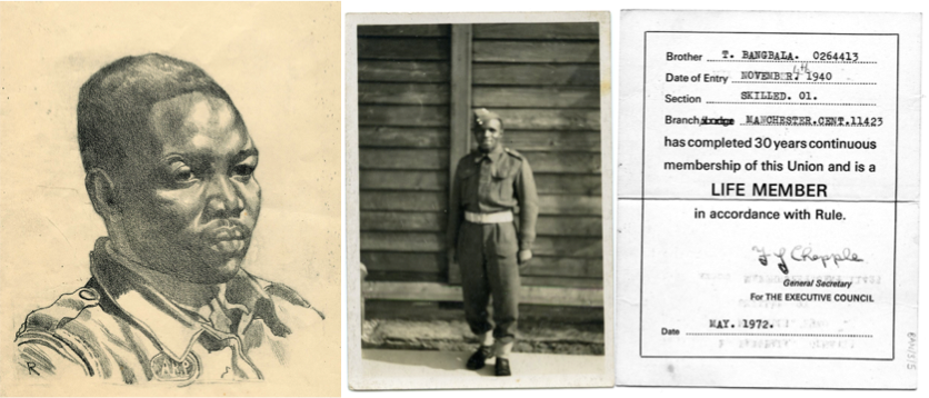 Left to right: Black Air Raid Precautions volunteer, print by Cliff Rowe, around 1940 & items from Thomas Bangbala collection © Labour History Archive & Study Centre at People's History Museum