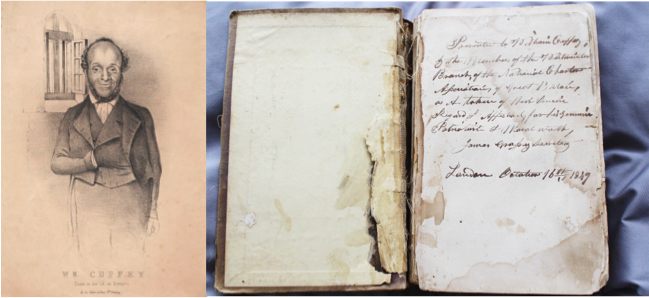 Left to right: Lithograph portrait of William Cuffay © National Portrait Gallery, London & The poetical works of Lord Byron (inside cover), owned by William Cuffay © People’s History Museum