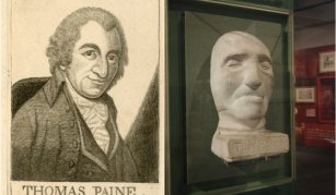 Image of left to right: Thomas Paine etched print by John Kay (after George Romney), 1801 and Thomas Paine’s death mask, 1809, on display in Main Gallery One. Image courtesy of People's History Museum.