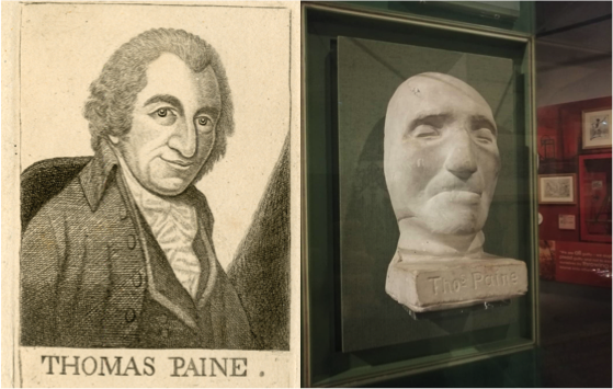 Image of left to right: Thomas Paine etched print by John Kay (after George Romney), 1801 and Thomas Paine’s death mask, 1809, on display in Main Gallery One. Image courtesy of People's History Museum.