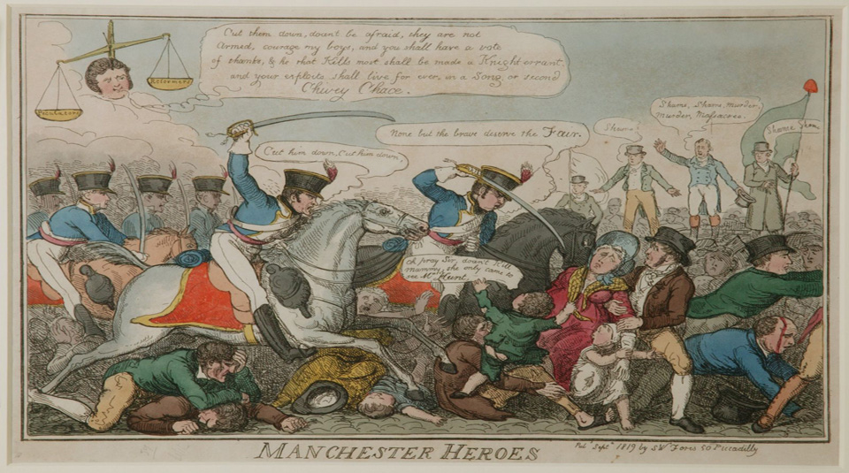 Illustrated print showing troops on horseback attacking a crowd. The title reads: Manchester Heroes