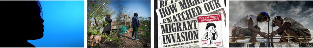 Migration exhibitions at People's History Museum - My Home Is Not My Home, Still from Our Journey © Voice of Domestic Workers, 2019, Left & right Philomene & Hussain, photographs by Caira Leeming, #WELCOME? exhibition and Staying put after disaster, photograph of Romeo Frank ©Tamzin Forster 