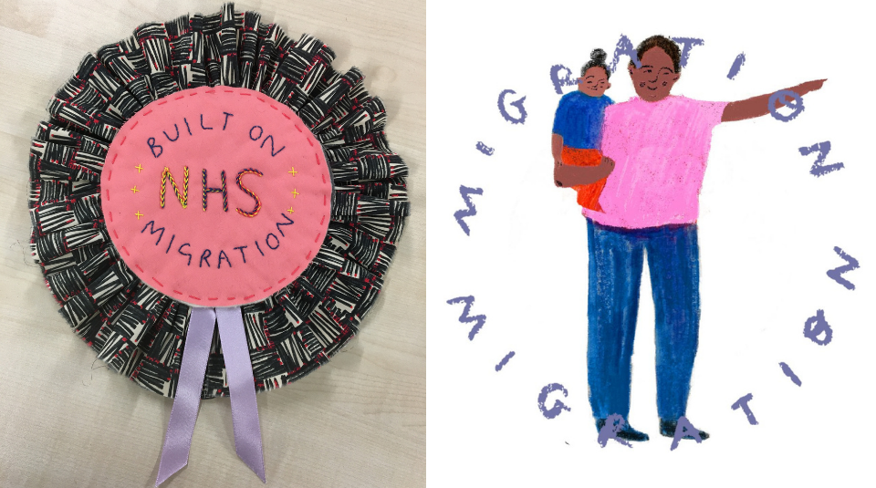 NHS Built on Migration, fabric rosette, 2022 by Helen Mather. The Fabric of Protest