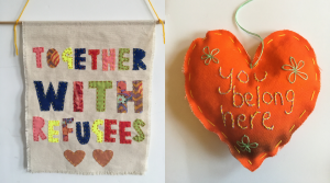 Together with Refugees mini banner & You Belong Here stitched heart 2021, by Helen Mather. The Fabric of Protest workshop