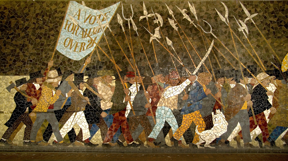 11 November 2021, Conviction Politics! A launch screening and panel discussion, Radical Late at People's History Museum. Photograph of Chartist Mural, Friar's Walk, Newport, Wales, around 2010. Courtesy Newport City Council