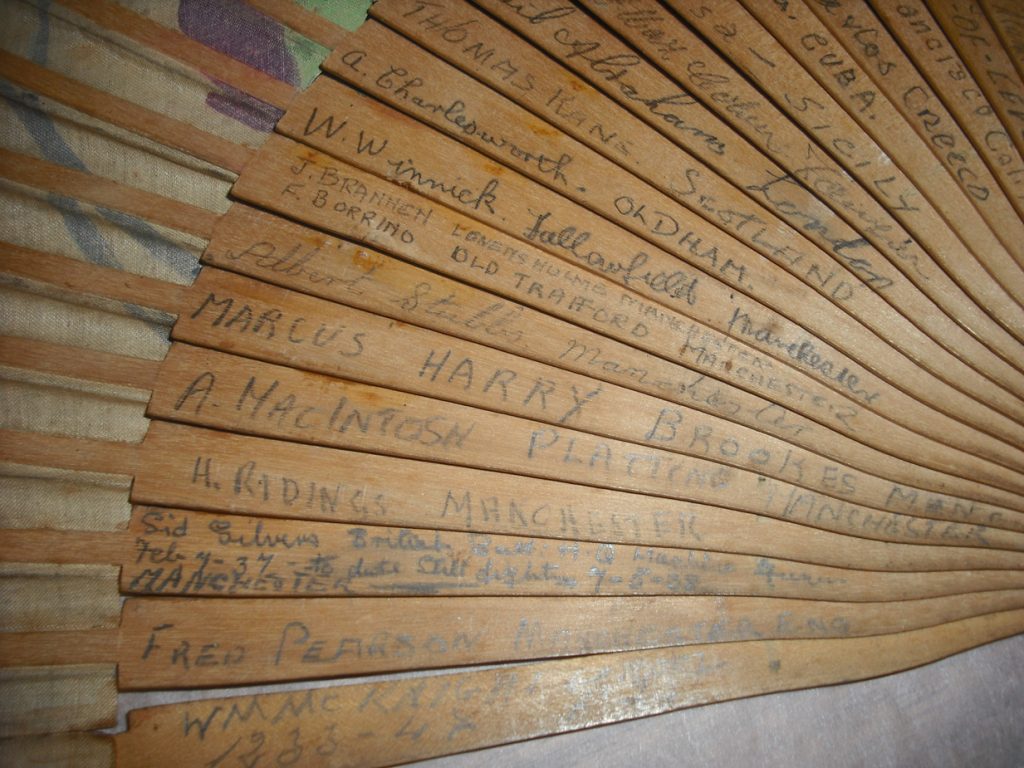 Fan with image of signatures of members of the International Brigade, around 1936. Image courtesy of People's History Museum