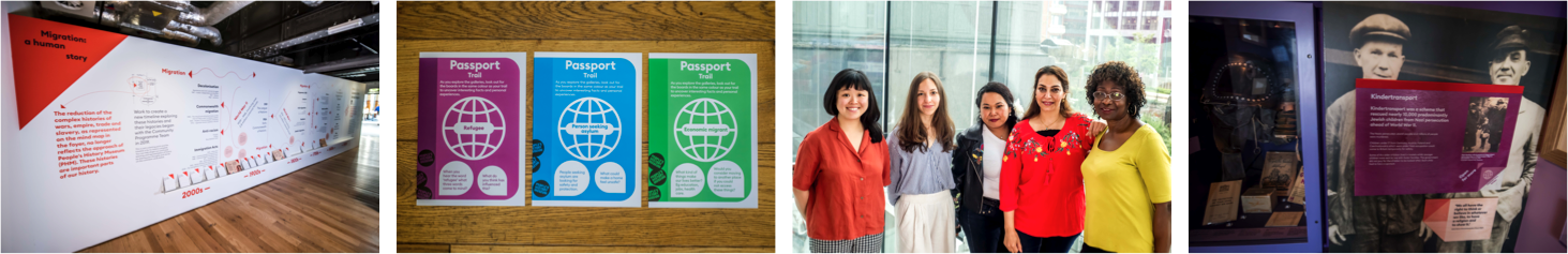 Left to right New timeline, Passport Trails, PHM's Community Programme Team & Gallery intervention. Images courtesy of People's History Museum