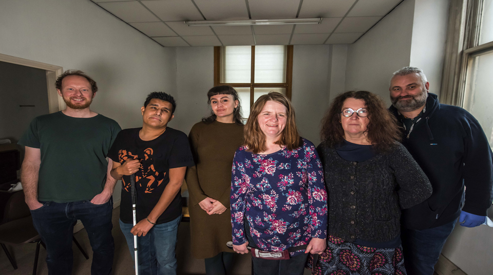 Left to right PHM Programme Officer Michael Powell, PHM Community Curators Anis Akhtar, Hannah Ross, Ruth Malkin and Alison Wilde and PHM Exhibition Officer Mark Wilson