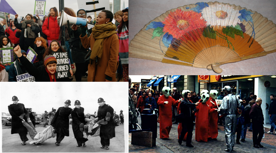 Image of Clockwise Sisters Uncut protest, London, 2018 (c) Holly Falconer, Fan, bearing signatures of the International Brigade, 1938 & Aldermaston Protest, 1958. Both PHM & Alien Anthropologists (c) www.polyp.org.uk