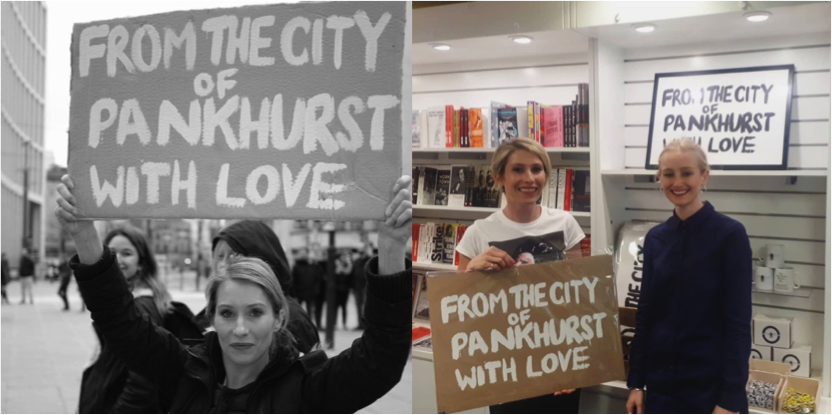 Left to right Caroline Dyer with her placard, Manchester Women's March, January 2017 & Caroline Dyer with her placard and artist Charlotte Brown in the shop at PHM