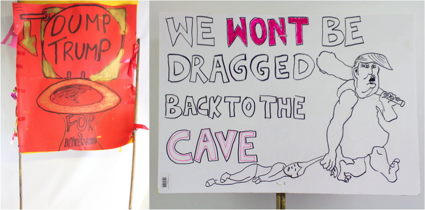 Left to right'Dump Trump for a Better World’ anti Trump placard, 2017 and 'We Won't be Dragged Back to the Cave', placard from the Manchester Women's March 2017