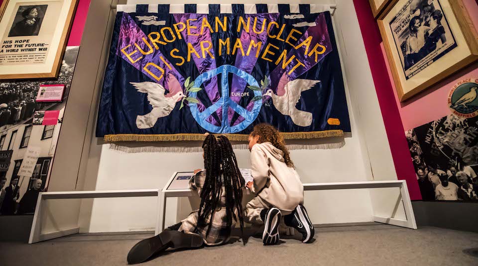 Exploring the 2022 banner exhibition European Nuclear Disarmament banner, 1980s